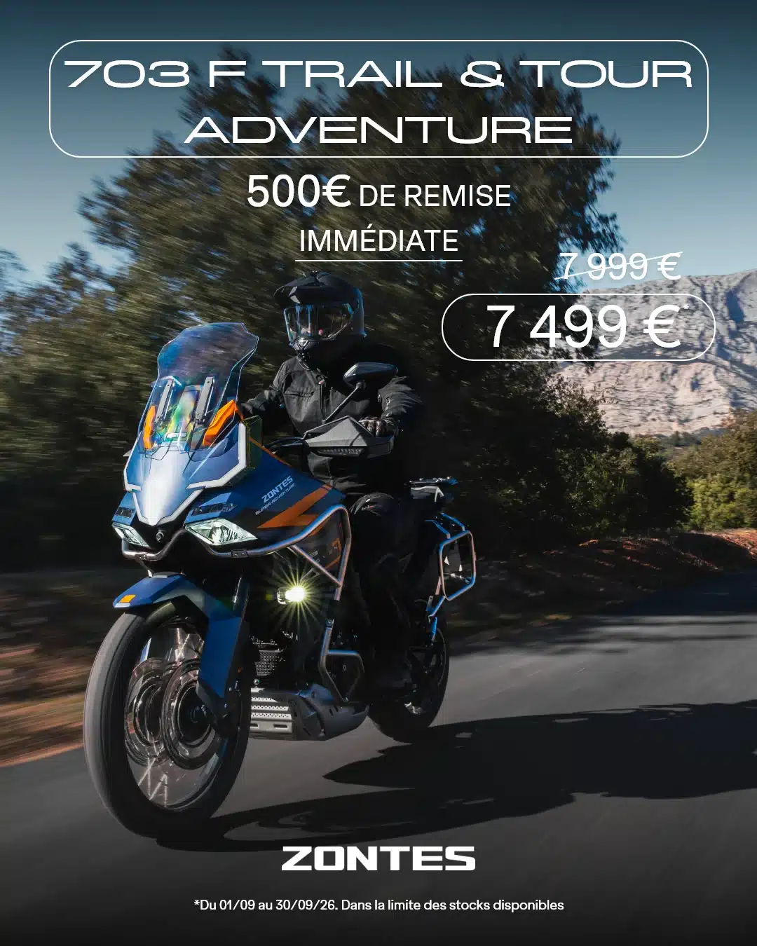 Offre Zontes 703 F Trail Adventure et Touring Adventure – 500 € de remise
